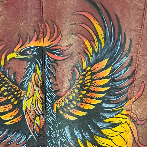 Hand Painted Faux Leather Jacket with Phoenix Art Size Large - Picture 5 of 17